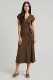 Midi Brown V-Neck Cap Sleeves Work Dress with Sash