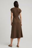 Midi Brown V-Neck Cap Sleeves Work Dress with Sash
