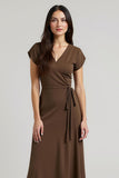 Midi Brown V-Neck Cap Sleeves Work Dress with Sash