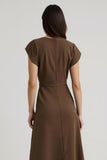 Midi Brown V-Neck Cap Sleeves Work Dress with Sash