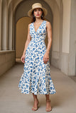 White Blue Floral Printed V-Neck A Line Maxi Wedding Guest Dress