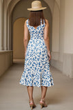 White Blue Floral Printed V-Neck A Line Maxi Wedding Guest Dress