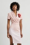 Pink Short Notched Lapel Pencil Floral Blazer Dress with Slit