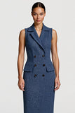 Grey Blue Tweed Notched Lapel Pencil Midi Blazer Dress with Buttons