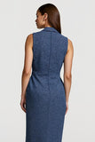 Grey Blue Tweed Notched Lapel Pencil Midi Blazer Dress with Buttons