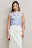 White Blue Pencil Bateau 2 Piece Striped Blouses and Skirt with Slit