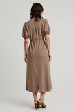 Midi Coffee Bateau Pencil Short Sleeves Work Dress with Sash