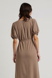 Midi Coffee Bateau Pencil Short Sleeves Work Dress with Sash