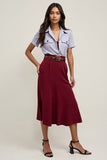 Burgundy Collar Neck Midi 2 Piece Blouses and Skirt with Belts