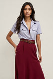 Burgundy Collar Neck Midi 2 Piece Blouses and Skirt with Belts