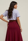 Burgundy Collar Neck Midi 2 Piece Blouses and Skirt with Belts