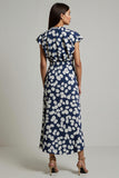 Maxi White Blue Floral Printed V-Neck Wedding Guest Dress with Slit