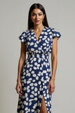 Maxi White Blue Floral Printed V-Neck Wedding Guest Dress with Slit