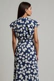 Maxi White Blue Floral Printed V-Neck Wedding Guest Dress with Slit