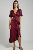 Burgundy V-Neck Ruched Bodycon Midi Wedding Guest Dress