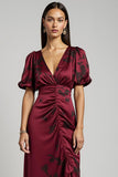 Burgundy V-Neck Ruched Bodycon Midi Wedding Guest Dress