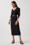 Midi Black Round Neck Pencil Work Dress with Sleeves
