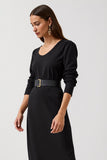 Midi Black Round Neck Pencil Work Dress with Sleeves