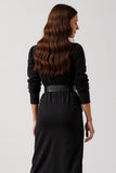 Midi Black Round Neck Pencil Work Dress with Sleeves