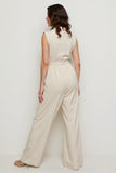 Ivory Satin Notched Lapel Loose Work Jumpsuits