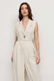 Ivory Satin Notched Lapel Loose Work Jumpsuits