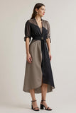 Black Chiffon V-Neck Midi Patchwork Work Dress with Sleeves