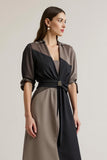 Black Chiffon V-Neck Midi Patchwork Work Dress with Sleeves