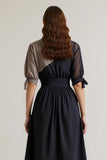 Black Chiffon V-Neck Midi Patchwork Work Dress with Sleeves
