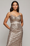 Sparkly Golden Sequins Spaghetti Straps Bodycon Midi Holiday Party Dress