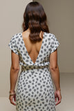 White Blue Printed V-Neck Bodycon Maxi Wedding Guest Dress with Sleeves