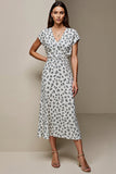 White Blue Printed V-Neck Bodycon Maxi Wedding Guest Dress with Sleeves