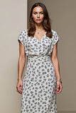 White Blue Printed V-Neck Bodycon Maxi Wedding Guest Dress with Sleeves