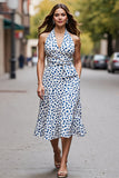 White Blue Printed Halter A Line Midi Work Dress