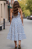 White Blue Printed Halter A Line Midi Work Dress