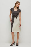 Coffee Patchwork Square Neck Pencil Midi Work Dress with Sleeves