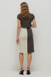 Coffee Patchwork Square Neck Pencil Midi Work Dress with Sleeves