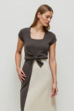 Coffee Patchwork Square Neck Pencil Midi Work Dress with Sleeves
