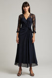 Navy Maxi V-Neck Ruched Chiffon Work Dress with Sleeves