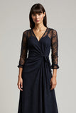 Navy Maxi V-Neck Ruched Chiffon Work Dress with Sleeves
