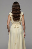 Apricot Notched Lapel Satin A Line Maxi Work Dress with Slit