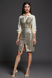 Sparkly Golden Sequins Collar Neck Short Pencil Work Dress with Slit