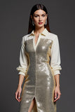 Sparkly Golden Sequins Collar Neck Short Pencil Work Dress with Slit