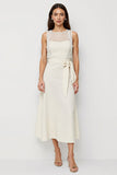 White Midi Satin Scoop Bow Pencil Work Dress with Sash