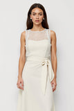 White Midi Satin Scoop Bow Pencil Work Dress with Sash