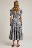 White Black Flower A Line Maxi Wedding Guest Dress with Sleeves