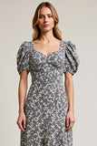 White Black Flower A Line Maxi Wedding Guest Dress with Sleeves