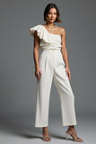 Ivory One Shoulder Fitted Work Jumpsuits with Ruffles