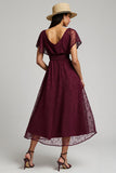 Burgundy Bateau A Line Maxi Lace Work Dress with Sleeves