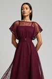 Burgundy Bateau A Line Maxi Lace Work Dress with Sleeves