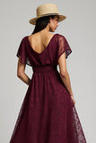 Burgundy Bateau A Line Maxi Lace Work Dress with Sleeves